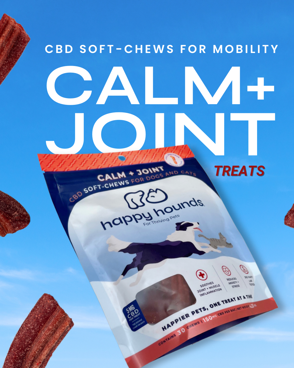 Happy Hounds Calm + Joint CBD soft-chew dog treats designed to support joint health, reduce pain, and provide natural calming relief for dogs.