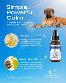 Advertisement for Happy Hounds CBD oil and hemp-seed oil for pets on a blue background with a dog.