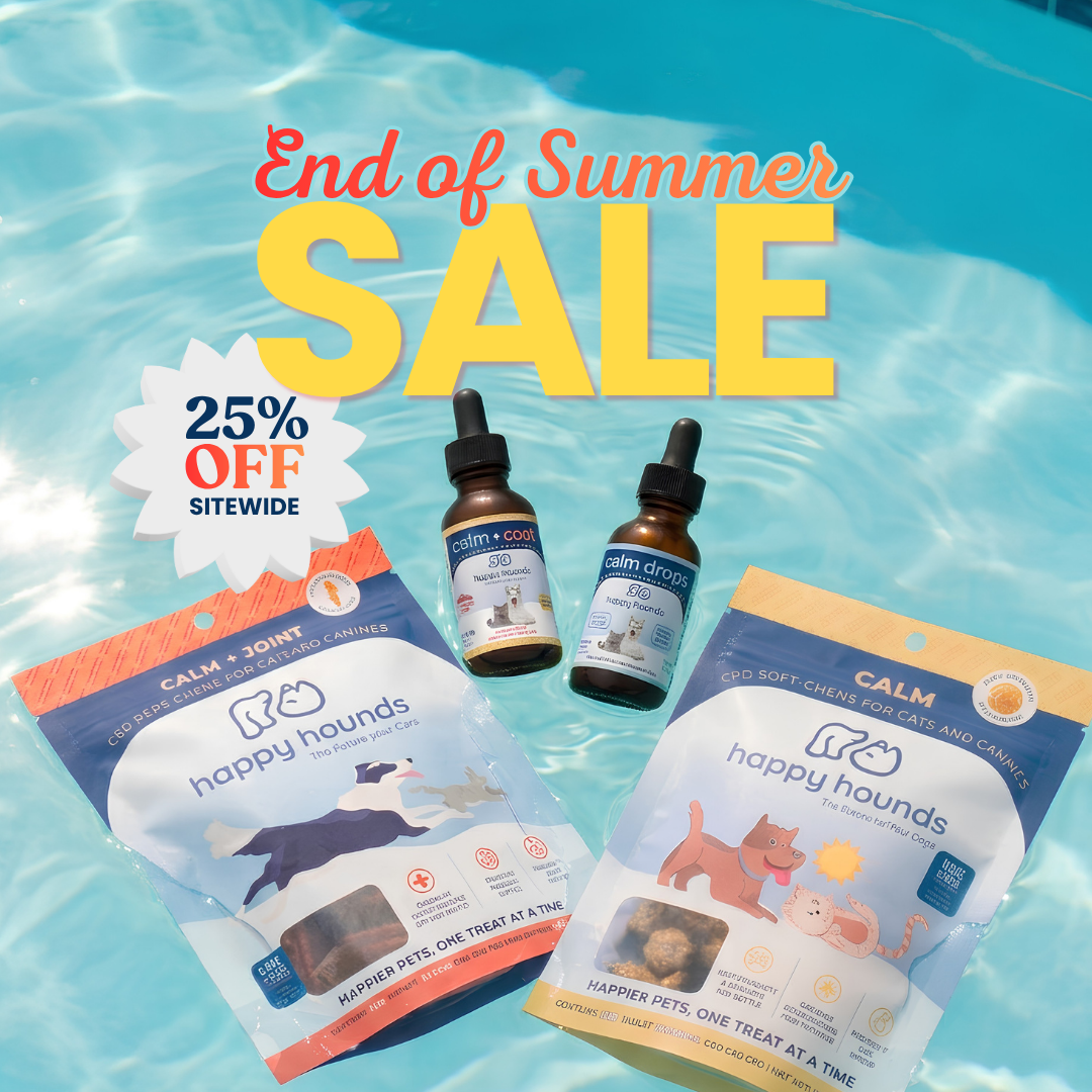  Happy Hounds CBD dog treats and calming drops floating in bright blue pool with large sale text reading 'End of Summer SALE' and a '25% OFF SITEWIDE' badge. Labor Day Sale 