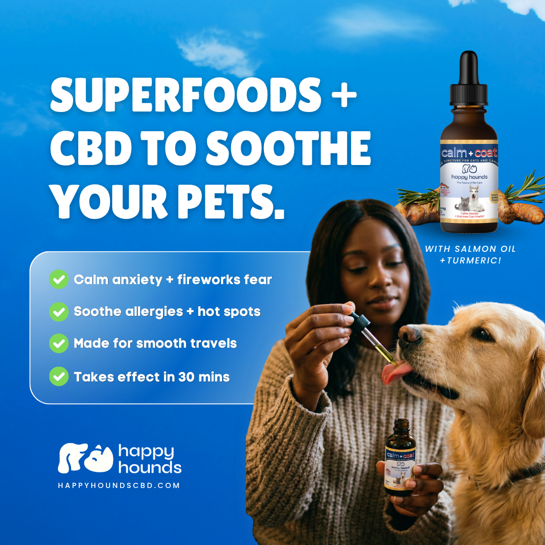 Happy Hounds Calm + Coat Drops calming-support product graphic