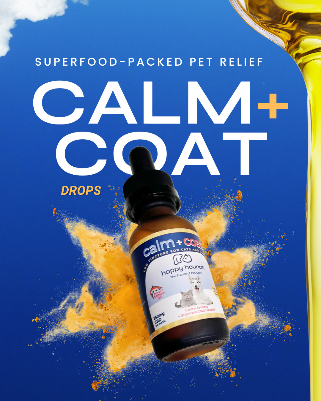 Happy Hounds Calm + Coat Drops product and ingredient benefits graphic
