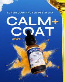 Happy Hounds Calm + Coat Drops product and ingredient benefits graphic