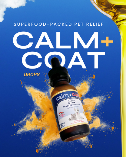 Happy Hounds Calm + Coat Drops product and ingredient benefits graphic