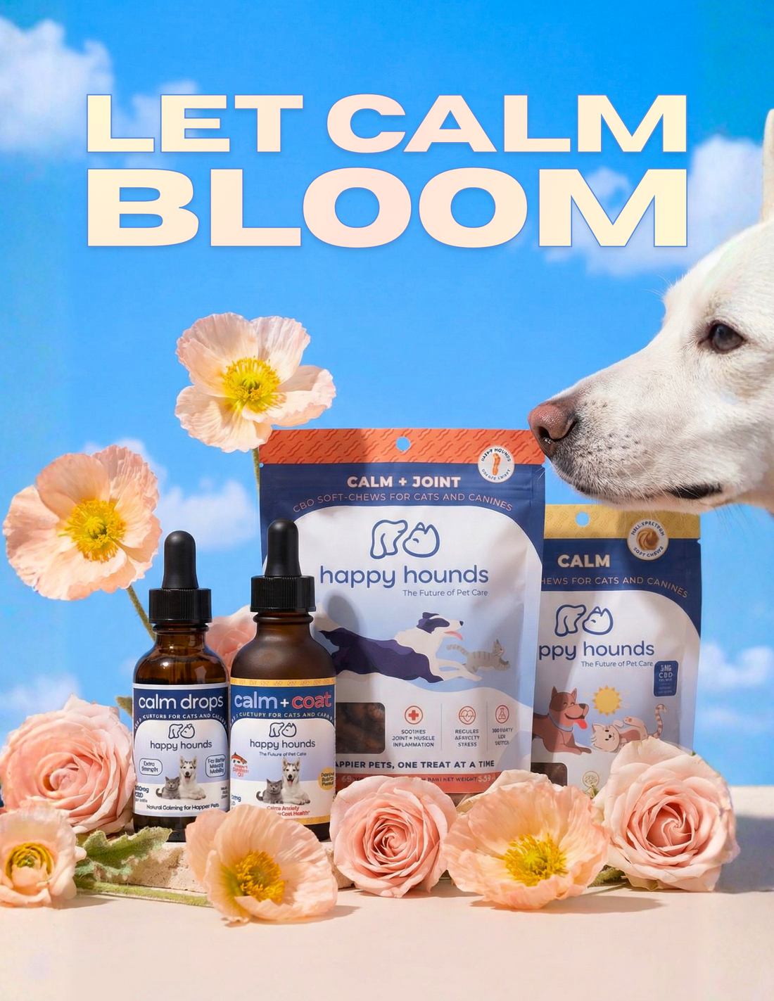 Happy Hounds calming treats and drops for anxiety and arthritis in dogs with flowers and a dog on a blue sky background.