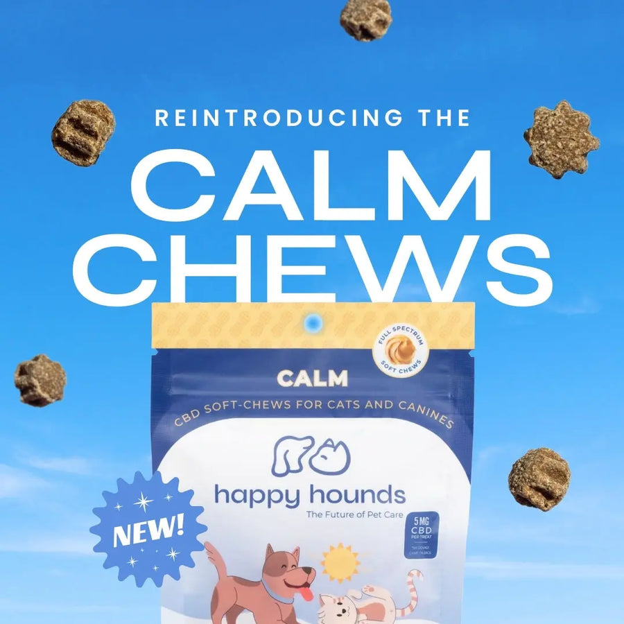 Happy Hounds Calm Chews, Calm CBD for Dogs, does cbd improve mood, can cbd help dogs with fireworks, natural relief for separation anxiety in dogs, is cbd safe for pets, can cbd reduce noise stress in cats and dogs 