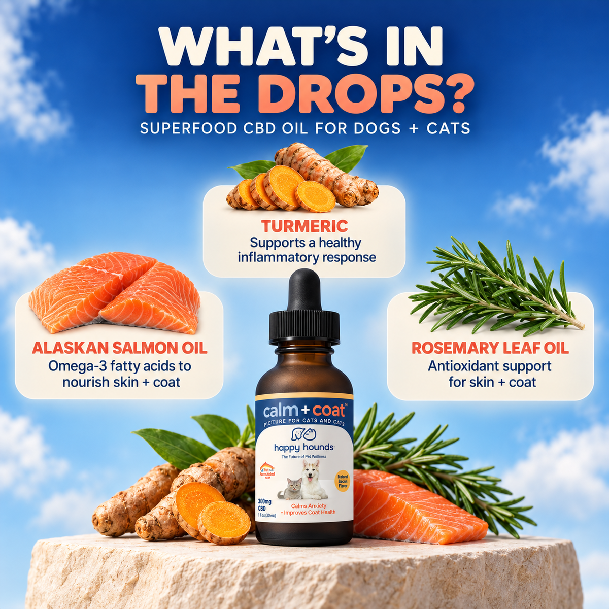 Happy Hounds Calm + Coat CBD Drops for dogs and cats