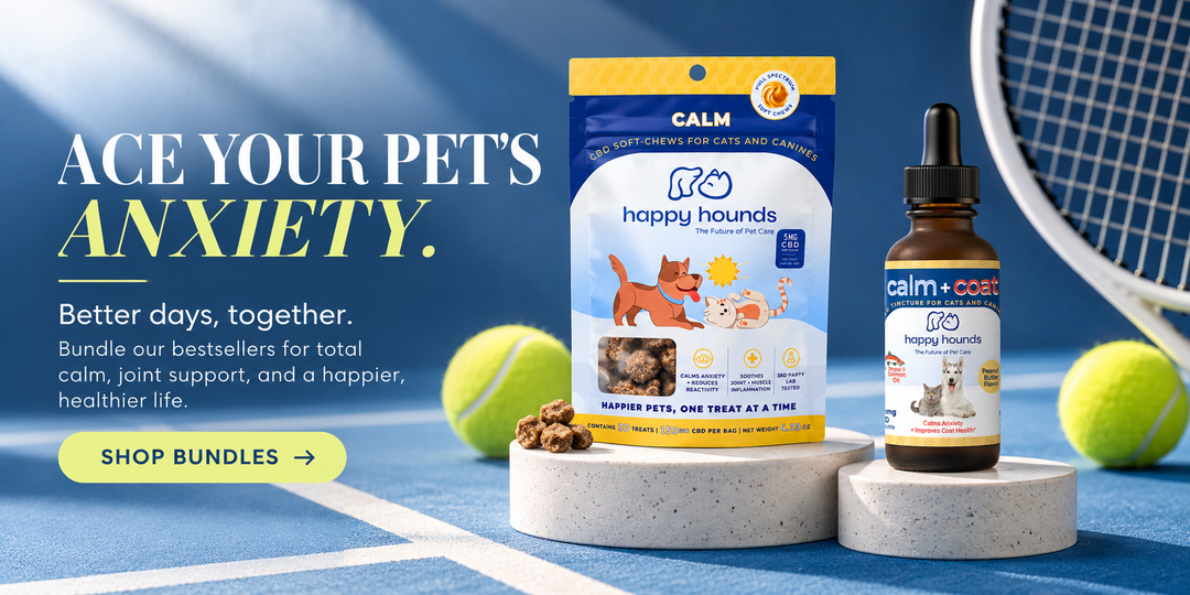 Pet supplement bundle featuring a bag of Calm Happy Hounds joint support treats and a bottle of Calm+Cost pet anxiety relief, displayed on a tennis court background with tennis balls and a racket.