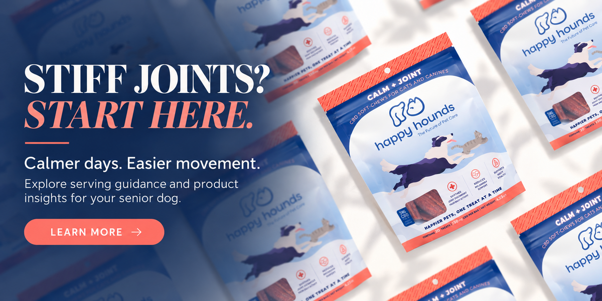 Happy Hounds Calm + Joint senior dog food, showing multiple package views on a white background with large marketing text reading 'Stiff joints? Start here.' and a pink 'Learn More' button.