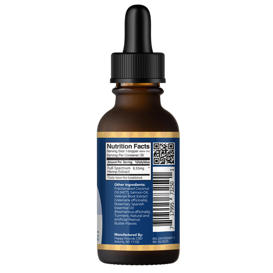 Happy-Hounds-CBD-Oil-with-Salmon-Oil-Turmeric, CBD-for-loud-noises, CBD-for-small-dogs-and-cats, turmeric-for-dogs, skin-and-coat-care-for-pets, salmon-oil-CBD-for-cats, can-cats-have-cbd, nutrition-facts, Happy-Hounds-CBD