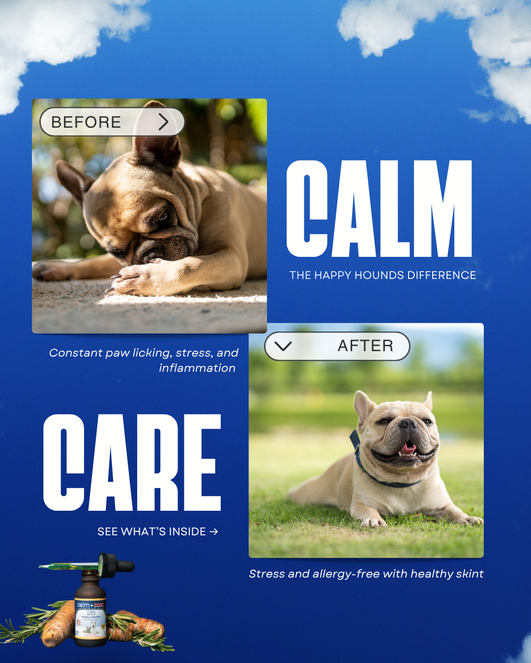 Advertisement for a product called 'Calm' by The Happy Hounds Difference, showing a dog before and after using the product.