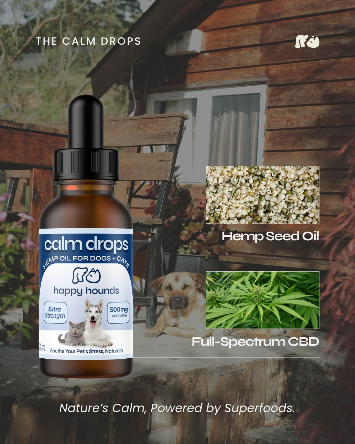 Bottle of 'Calm Drops' hemp oil for pets with images of hemp seed oil, full-spectrum CBD, and a wooden cabin background.