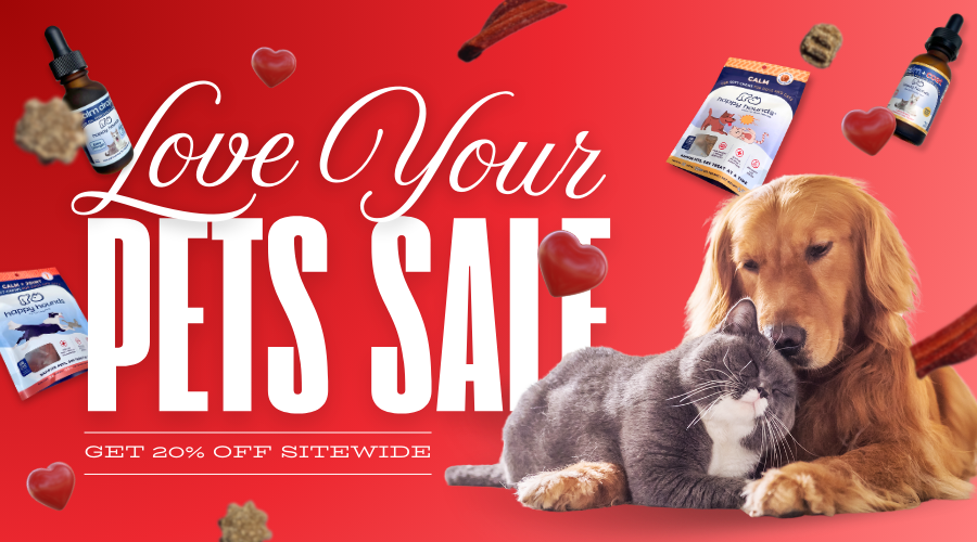 Promotional banner for 'Love Your Pets Sale' with a dog and cat on a red background.