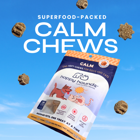Happy Hounds Calm CBD dog treats with peanut butter to help ease separation anxiety and travel stress in dogs, providing natural calming support for anxious pets at home or on the go.