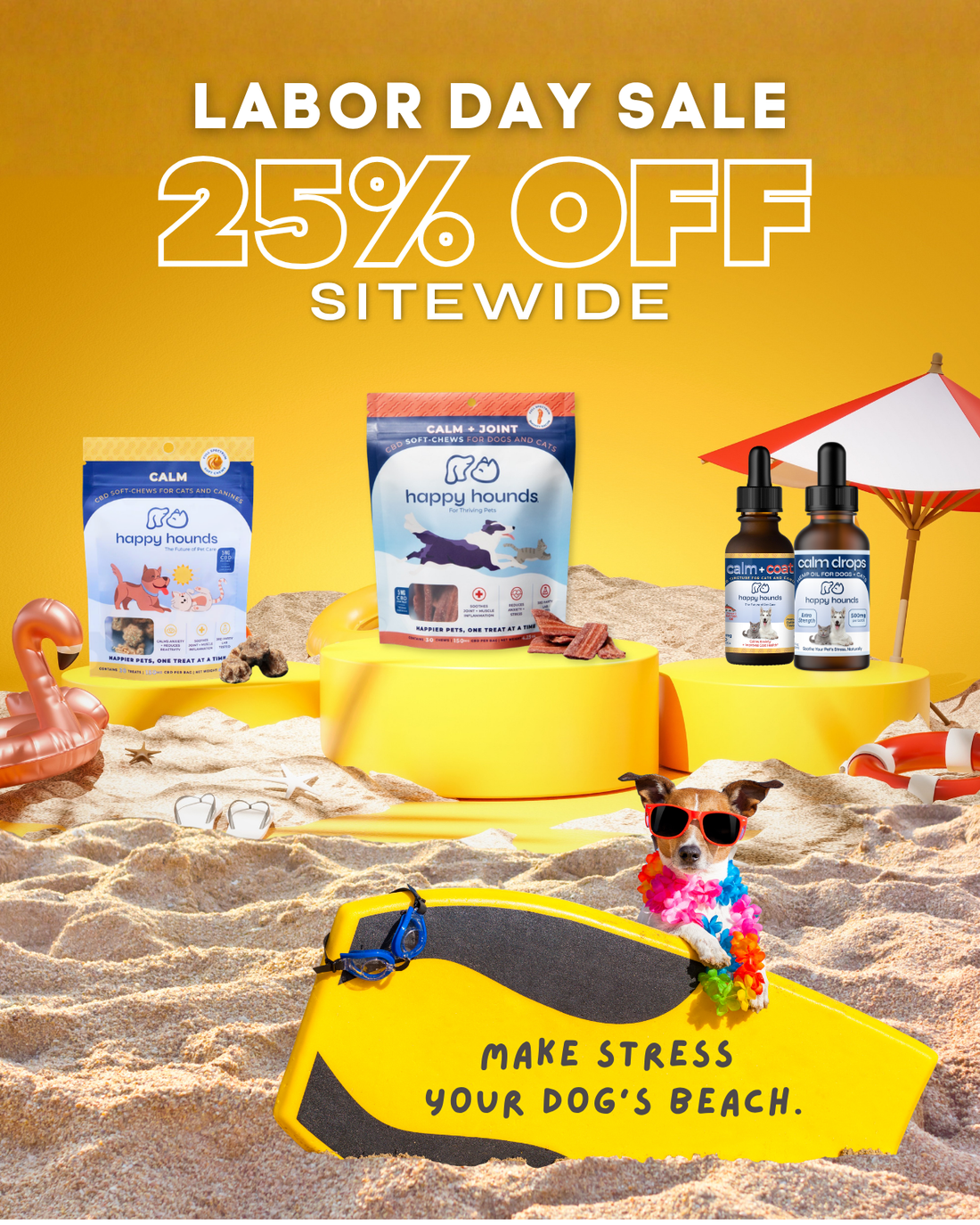Labor Day Sale 25% off sitewide promotional graphic for pet products, featuring dog food bags, supplement dropper bottles, and accessories arranged on yellow beach-themed pedestals with sand, a small dog in sunglasses, and a red-and-white beach umbrella.