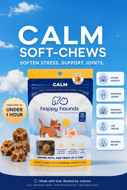 A bag of Happy Hounds Calm Soft-Chews for pets, displayed against a blue sky background with clouds. The packaging is blue and white with yellow accents, featuring illustrations of a dog and a cat.
