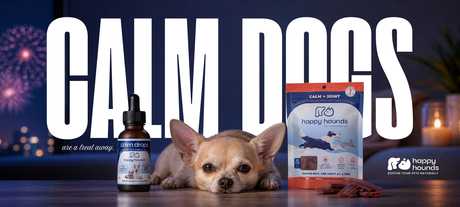 Dog lying on a table with 'Happy Hounds' products and 'Calm Dogs' text in the background next to happy hounds cbd dog treats and calm drops for pet anxiety