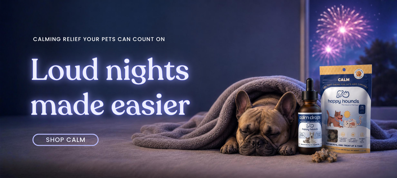 Dog lying on a blanket with calming pet products online and fireworks in the background