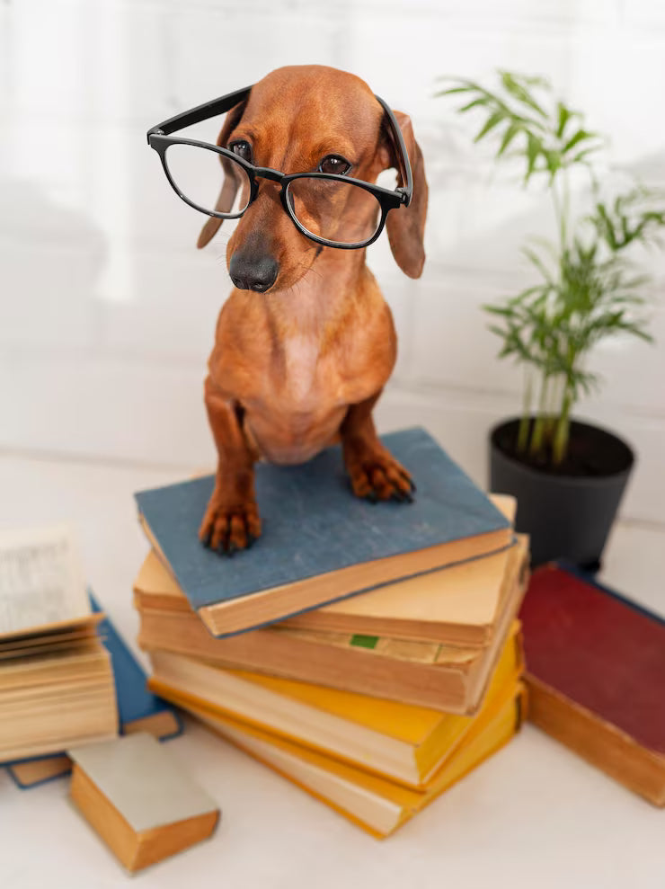 Dog wearing glasses standing on a stack of books with a plant in the background