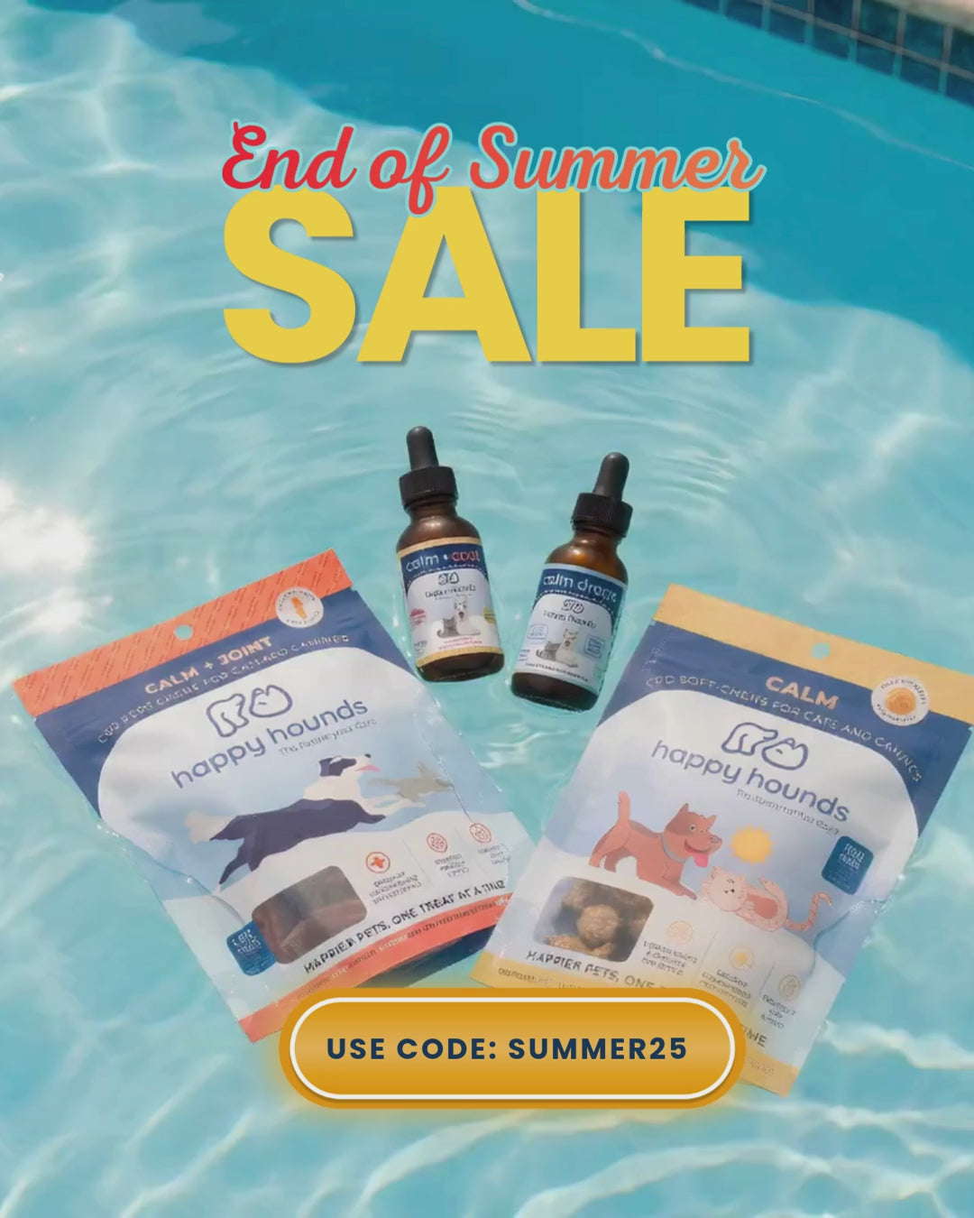 Load video: 25% off Happy Hounds Calming Dog Treats on Sale for Labor Day. CBD dog treats in pool floating around Labor Day sign